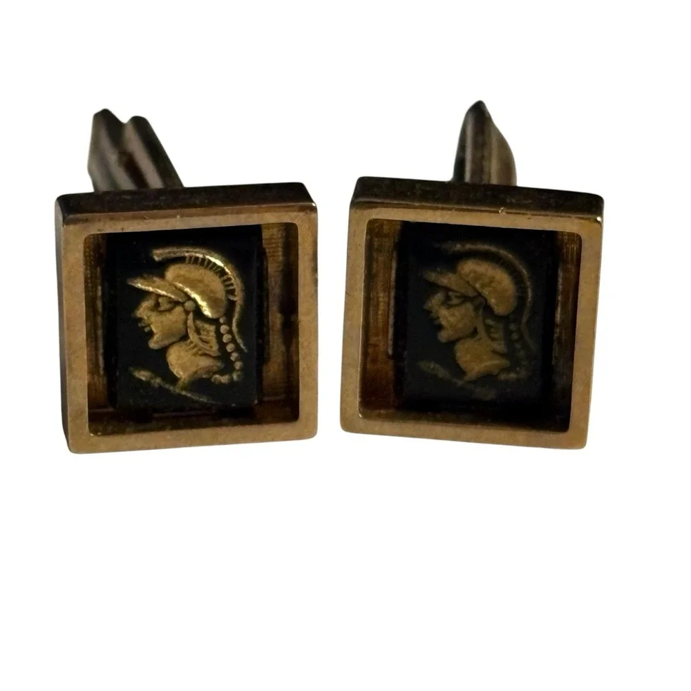 Vintage Cufflinks Roman Trojan Greek Soldier Gold Tone Black‎ Center Square